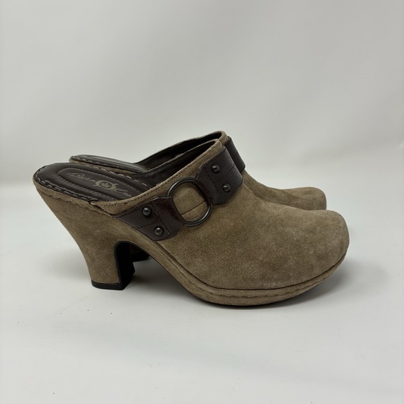 Born Crown Tan Brown Buckle Leather Suede Slide Mule Clogs Y2K Heel Womens 7 - Picture 2 of 13